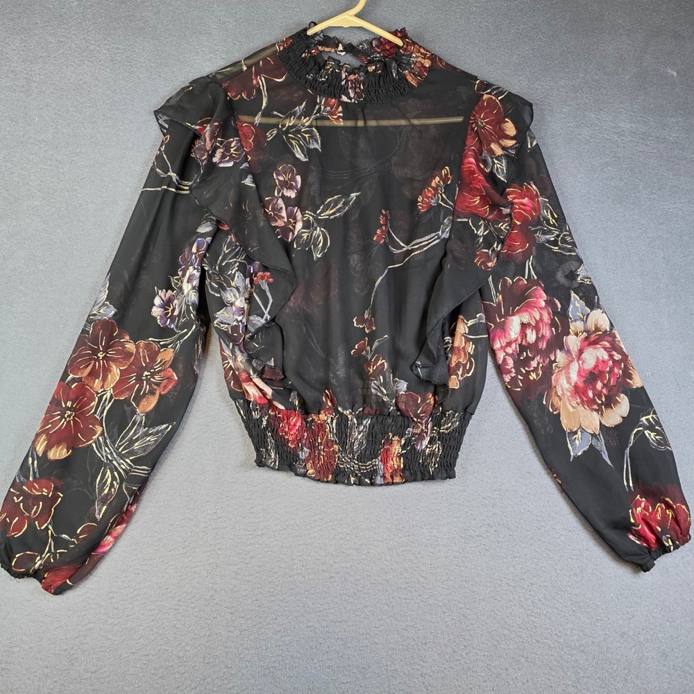 L.I.F.E. Love Is For Eternity Blouse Womens M Black Floral Sheer Ruffle Whimsy